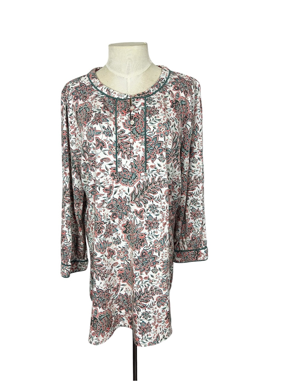 J. Jill tunic Floral piped henley style tunic top size Large 3/4 sleeve